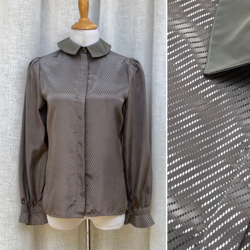 Vintage shiny grey striped long sleeve button down collared blouse by Jac Daniel